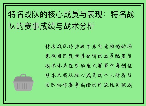 特名战队的核心成员与表现：特名战队的赛事成绩与战术分析
