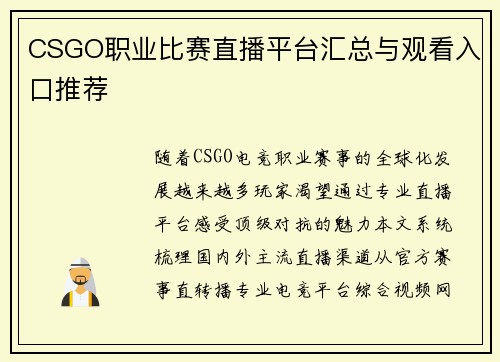 CSGO职业比赛直播平台汇总与观看入口推荐